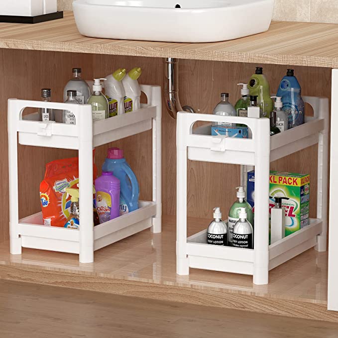 Photo 1 of 2 Pack Under Sink Organizer, SOYO 2-Tier Bathroom Cabinet Under Shelf Storage Standing Rack Organization, Kitchen Collection Baskets with Handle Hooks for Office Laundry Spice Countertop, White