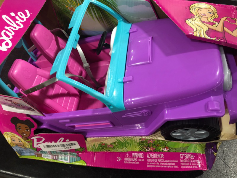 Photo 2 of Barbie Off-Road Vehicle, Purple with Pink Seats and Rolling Wheels, 2 Seats, Gift for 3 to 7 Year Olds 
DAMAGED BOX