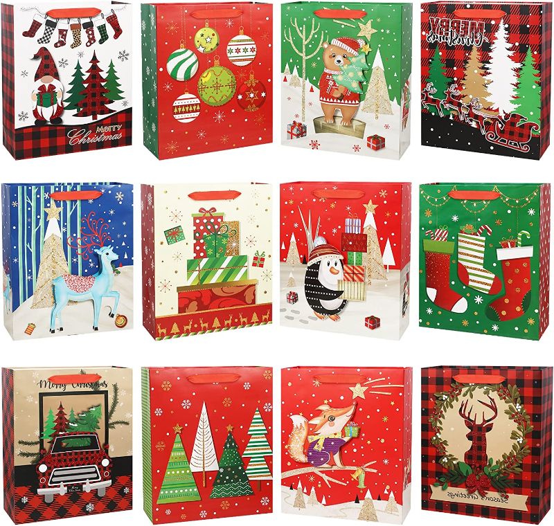 Photo 1 of 12 Pack Large Premium Christmas Gift Bags- 12 Styles Classic Variety Gift Bags Bulk Christmas Bags with Ribbon Handles for Xmas Party Favors, Goody Gift Bags, Holiday Treat Box and Presents
