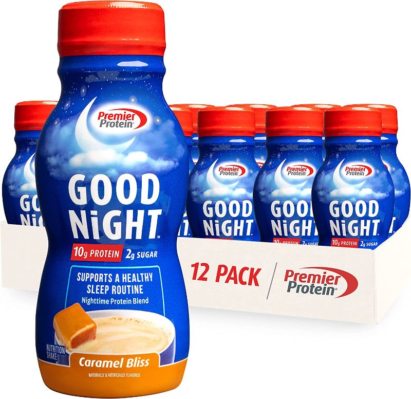 Photo 1 of Premier Protein Good Night Protein Shake, Caramel Bliss, 10g Protein, 2g Sugar, 12 Vitamins & Minerals, Nighttime Protein Blend, Magnesium, Zinc, 8.75 fl oz, 12 Pack
