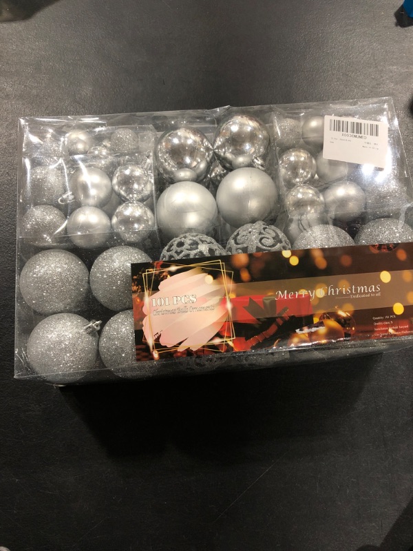 Photo 2 of 101 Piece Christmas Balls Ornaments Luxury Set Xmas Tree Topper and Hang Rope, Emopeak Christmas Baubles - Shatterproof Mini Holiday Balls for Christmas Decorations 1.2"-1.57"-2.36" Silver