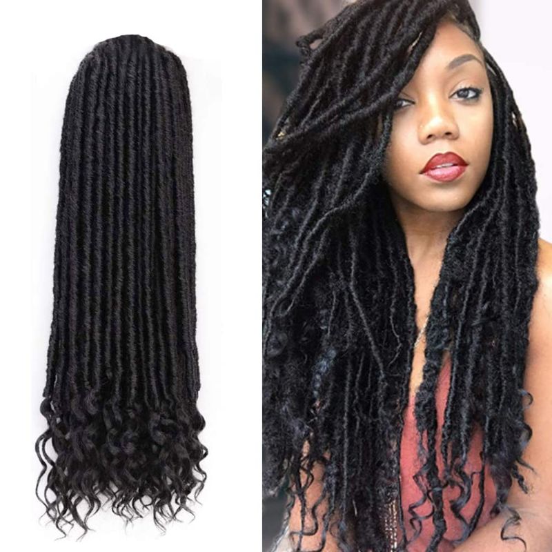 Photo 1 of 2 Pieces New Goddess Locs Crochet Hair 18" Curly Waves Down Winding Hippie Boho Faux Hair Synthetic Braid Hair Extensions (18inch-(2pack), 1B)