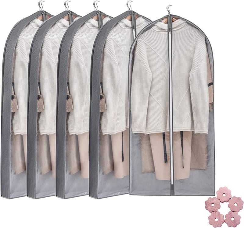 Photo 1 of 40" Garment Bags for Hanging Clothes with 4" Gussetes, 5 Pack Storage Bags for Clothes, Clear Suit Bags for Closet Storage, Breathable Clothing Storage Bags with 5 Courgettes for Clothes,Coats, Jackets 