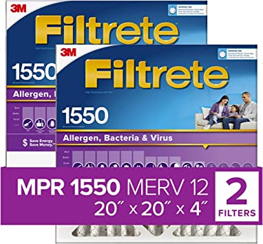 Photo 1 of Filtrete 20x20x4 Air Filter MPR 1550 DP MERV 12, Healthy Living Ultra Allergen Deep Pleat, 2-Pack, Fits Lennox & Honeywell Devices (exact dimensions 19.88 x 19.88 x 4.31)
