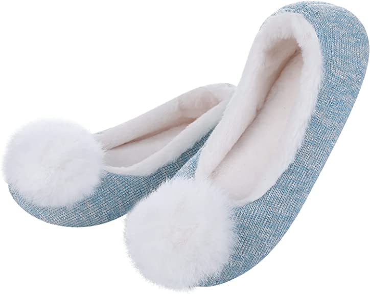 Photo 1 of [Size 8.5] Evshine Fuzzy Ballerina Slippers for Women Cozy Fur Lined Winter House Shoes Pom Pom Ballet Indoor Slippers 