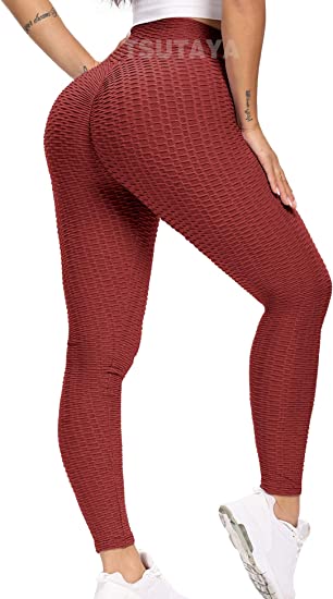 Photo 1 of [Size S] TSUTAYA Women's High Waist Scrunch Butt Leggings Textured Sexy Gym Sports Yoga Pants Wine Red