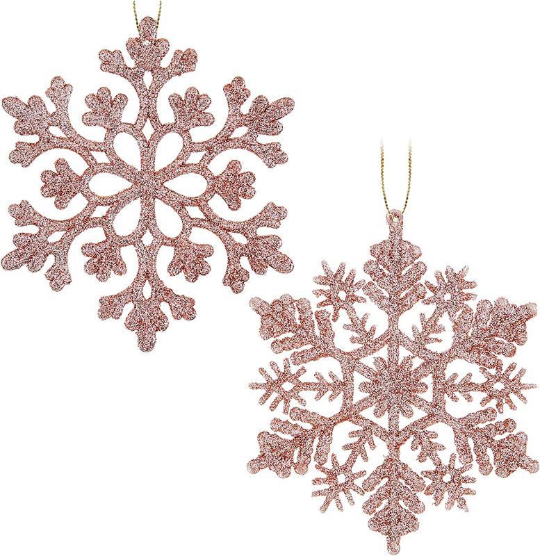 Photo 1 of 30PCS Christmas Glitter Snowflake Ornaments Plastic Snowflakes Ornaments-Xmas Tree Decorations,4.7-inch (Rose Gold)