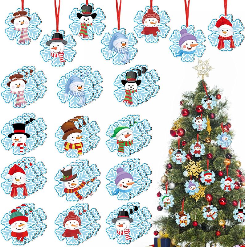 Photo 1 of 36 Pcs Christmas Winter Snowflake Snowman Ornament Christmas Blue Snowman Ornaments Snowflake Shapes Wooden Christmas Ornaments Snowman Hanging Decor Wooden Snowflakes for Crafts Xmas Tree Decoration 