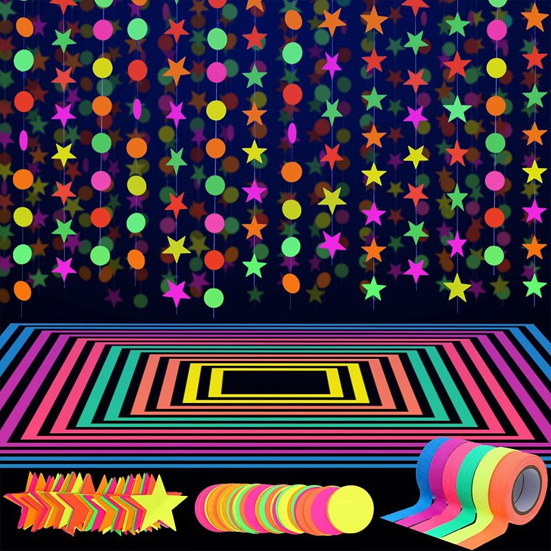 Photo 1 of 127ft Neon Party Supplies Set, 6 Colors 98.4ft UV Blacklight Reactive Tape, 29ft Neon Paper Garlands Circle Dots Stars Hanging Decorations for Birthday Wedding Glow Party Decorations 