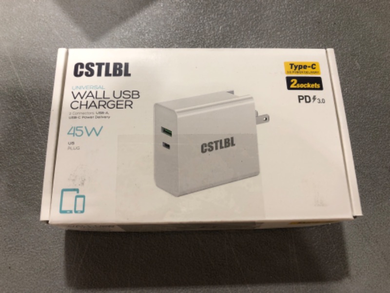 Photo 2 of CSTLBL Wall Charger with USB and C Ports 45W Fast Charge for iPhone iPad and Tablet 2 in 1 Smart Adapter Plug with 1M C to C Cable White 45W White