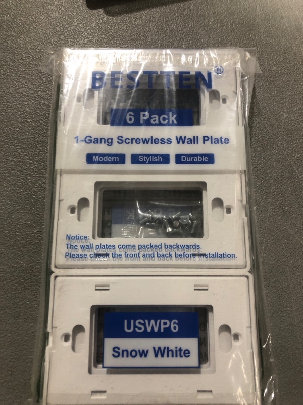 Photo 2 of [6 Pack] BESTTEN 1-Gang Screwless Wall Plate, USWP6 Snow White Series, Decorator Outlet Cover, Smooth and Glossy Switch Plate, Standard Size, H4.69” x W2.91”
