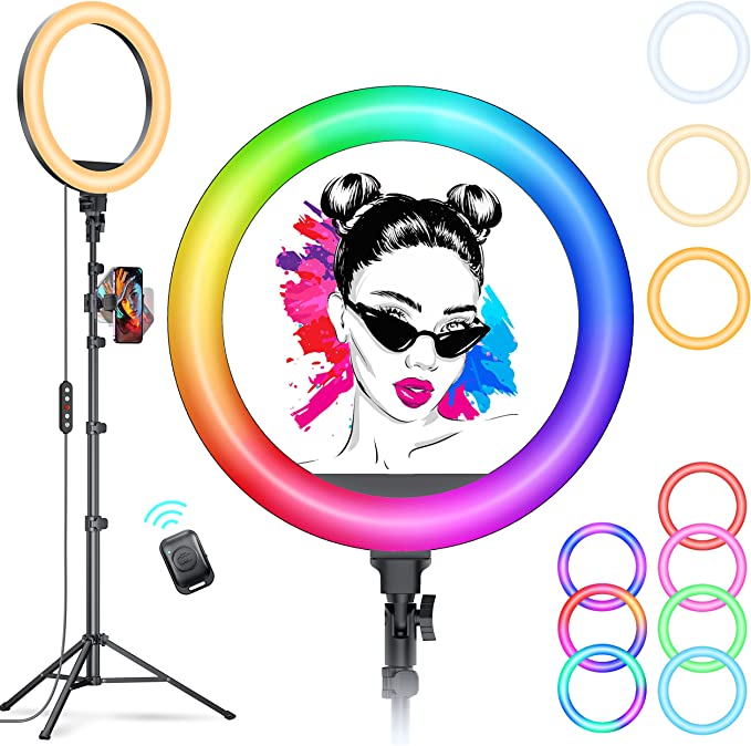 Photo 1 of 12" Selfie Ring Light with 63" Tripod Stand with Phone Holder, LED RGB Ring Light with 3 CCT & 39 RGB Colors Modes, Selfie Light for Makeup/Photography/Videos/Vlog/TikTok
