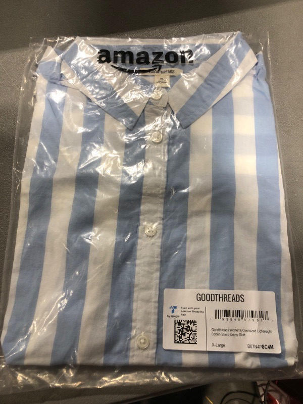 Photo 2 of Amazon Brand - Goodthreads Women's Oversized Lightweight Cotton Short-Sleeve Shirt X-Large Blue/White, Wide Stripe