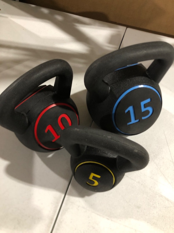 Photo 2 of GYMAX Kettlebells, 3 Pcs Vinyl Kettlebell Weights Set Weights 5, 10, 15 lb Set