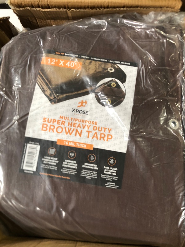 Photo 1 of 12' x 40' Super Heavy Duty 16 Mil Brown Poly Tarp Cover - Thick Waterproof, UV Resistant, Rip and Tear Proof Tarpaulin with Grommets and Reinforced Edges - by Xpose Safety