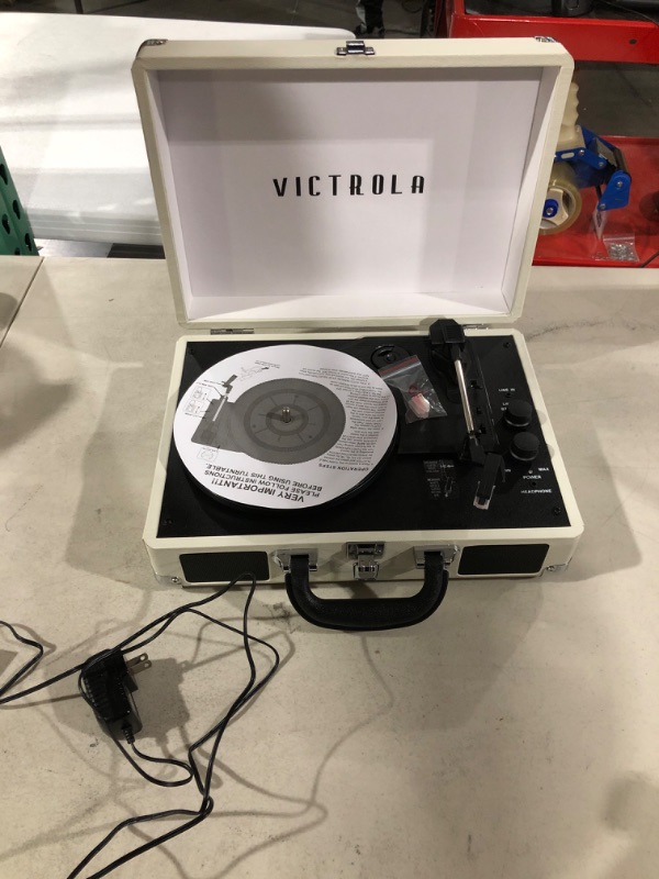 Photo 2 of Victrola Vintage 3-Speed Bluetooth Portable Suitcase Record Player| Light Grey