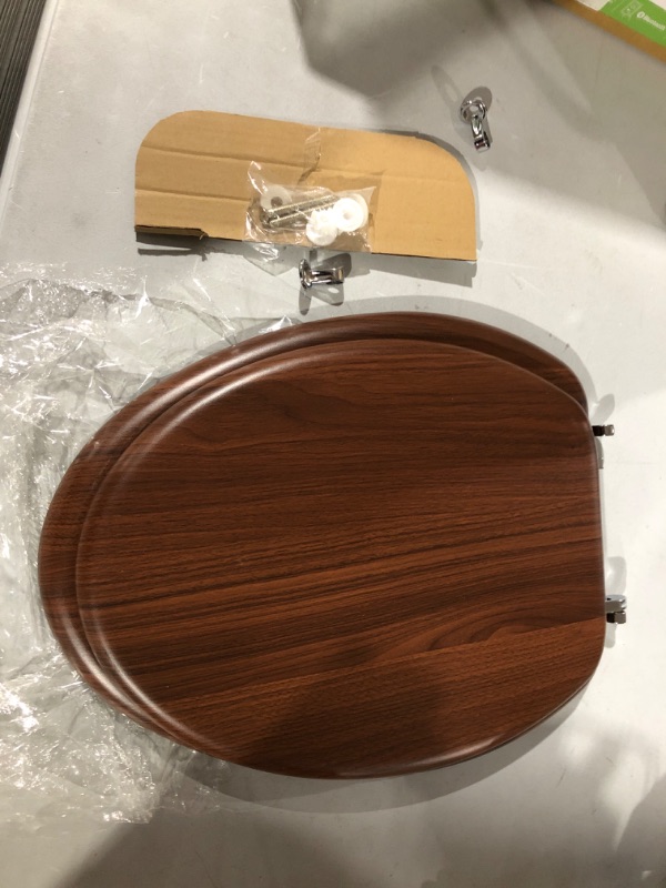 Photo 2 of **Damaged item**Elongated Wooden Effect Toilet Seat,Chrome Hinge Seat,19 Inch E Walnut