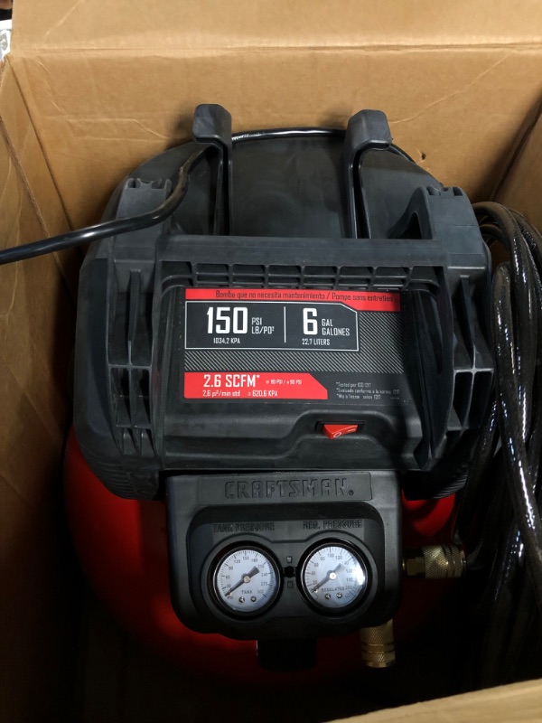 Photo 2 of [FOR PARTS]
CRAFTSMAN Air Compressor, 6 Gallon, Pancake, Oil-Free with 13 Piece Accessory Kit (CMEC6150K)