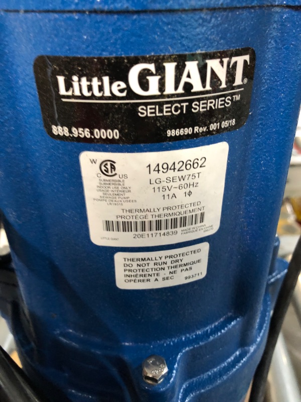 Photo 4 of * not functional * sold for parts *
Little Giant LG-SEW75T 115 Volt, 3/4 HP, 8400 GPH Cast Iron Sewage Pump