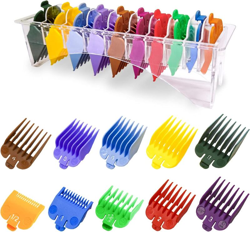 Photo 1 of 10 Professional Hair Clipper Guards Cutting Guides Fits for Most Wahl Clippers with Organizer, Color Coded Clipper Combs Replacement - 1/16" to 1"