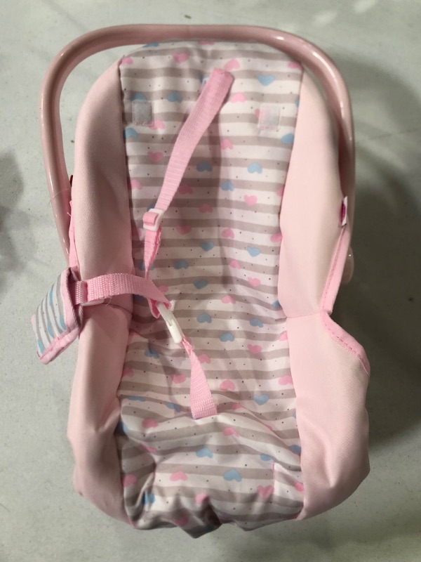 Photo 2 of Adora Baby Doll Car Seat - Pink Car Seat Carrier, Fits Dolls Up to 20 inches, Stripe Hearts Design, Multicolor Classic Pastel Pink and Blue