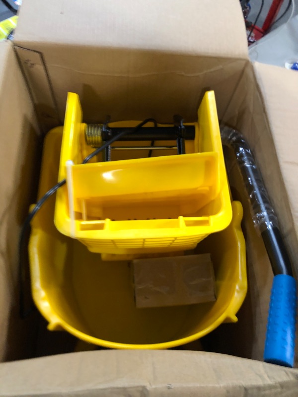 Photo 2 of Carlisle 3690804 Commercial Mop Bucket with Side Press Wringer, 26 Quart Capacity, Yellow & Rubbermaid Commercial Products, Industrial Grade - Fiberglass Wet Mop Holder Handle Stick, 54-Inch Yellow Mop Bucket + Handle Stick, 54-Inch