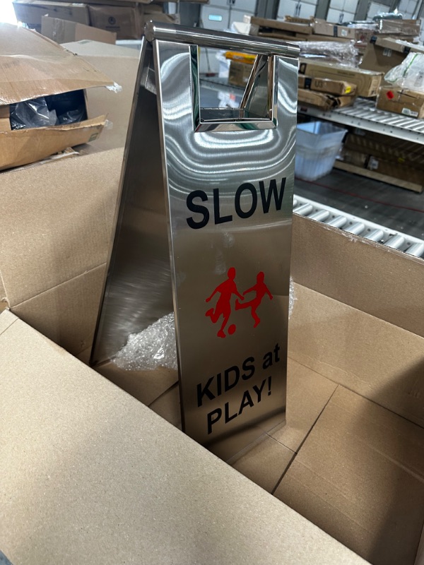 Photo 1 of Upgraded Children at Play Safety Signs, Stainless Steel Durable Slow Down Kids at Play Sign, Weighs Up to 6.6 Pounds with Snap-On Design that Makes It Nearly Impossible to Blow Over in the Wind, Double-Sided Text and Graphics, Kids at Play and Slow Down S