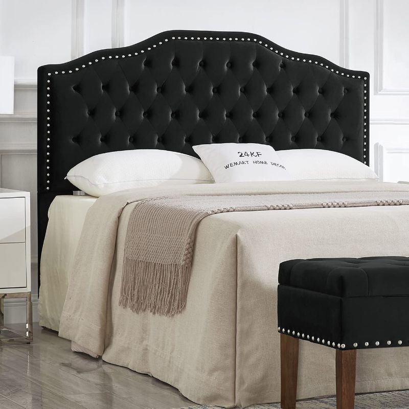 Photo 1 of 24KF Upholstered Button Tufted Queen Size Full Size Headboard with Nailhead Trim,***READ NOTES*** Soft Velvet Fabric Headboard Queen/Full Size Headboad-Black
