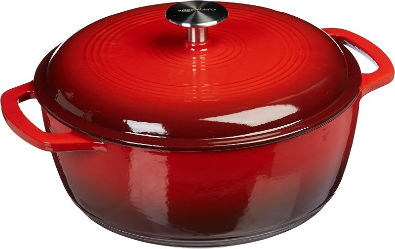 Photo 1 of Amazon Basics Enameled Cast Iron Covered Dutch Oven, 6-Quart, Red & Silicone