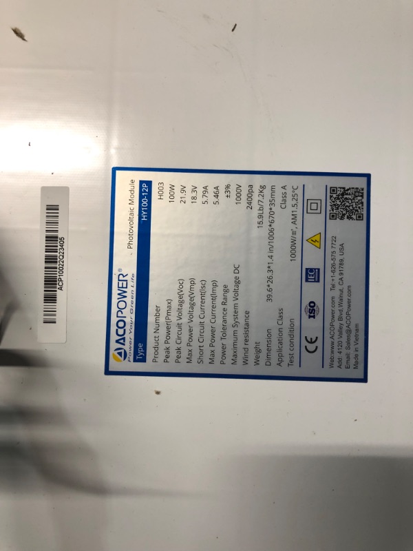 Photo 1 of ACOPOWER Solar Panel 100 Watt 12 Volt PV 