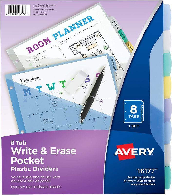 Photo 1 of Avery 8-Tab Plastic Binder Dividers with Pockets, 8 Multicolor Tabs