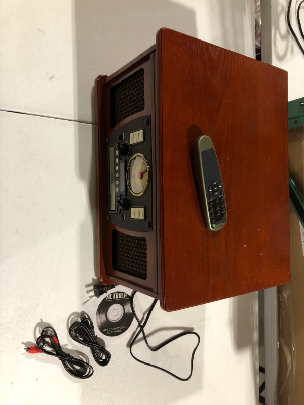 Photo 2 of Victrola Navigator 8-in-1 Classic Bluetooth Record Player with USB Encoding and 3-Speed Turntable Bundle with Victrola Wooden Stand Mahogany