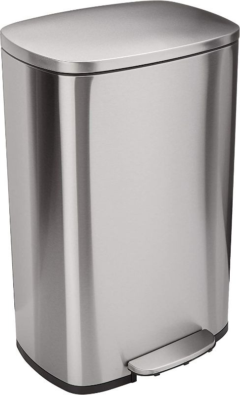 Photo 1 of Amazon Basics 13.2 Gallon Soft-Close Trash Can with Foot Pedal Brushed Stainless Steel, Satin Nickel Finish
