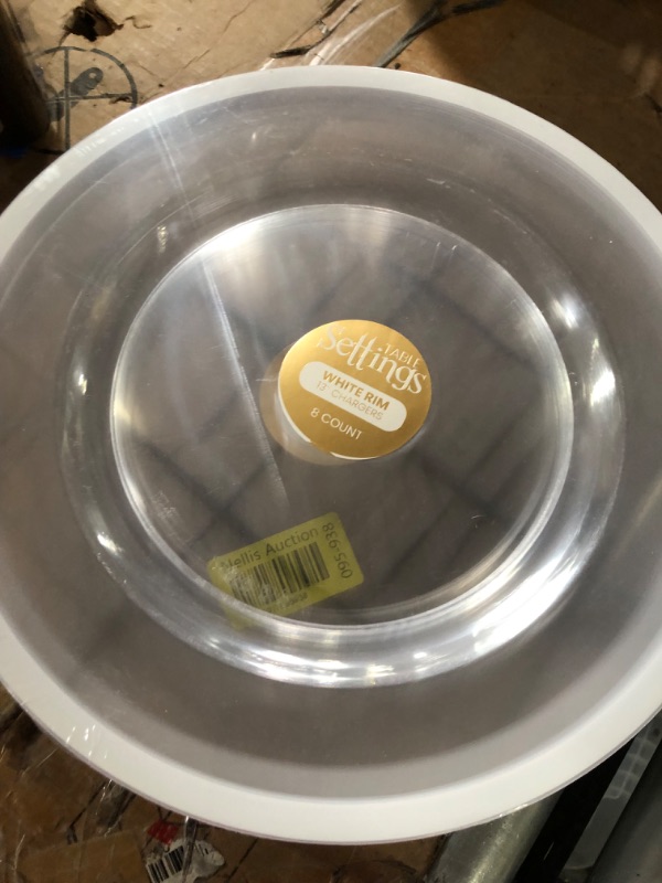 Photo 1 of PLASTICPRO Plastic Pro 8 Pack Charger Plates 13 Inch White Rim Clear Plastic Dinner Chargers Heavy Duty Large Serving Platter Reusable Disposable 8 Clear With White Rim