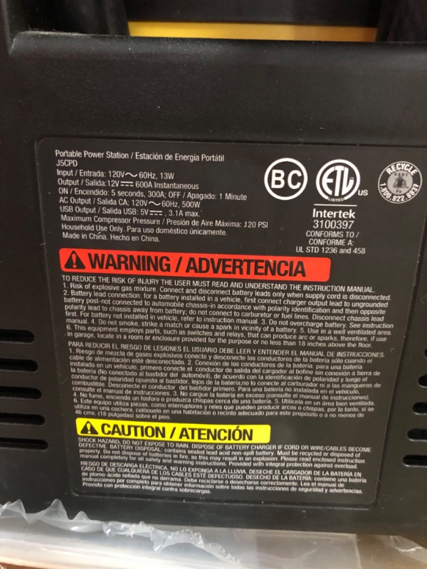 Photo 2 of STANLEY J5C09D Digital Portable Power Station Jump Starter: 1200 Peak/600 Instant Amps, 120 PSI Air Compressor, 3.1A USB Ports, Battery Clamps 1,200 Peak Amps