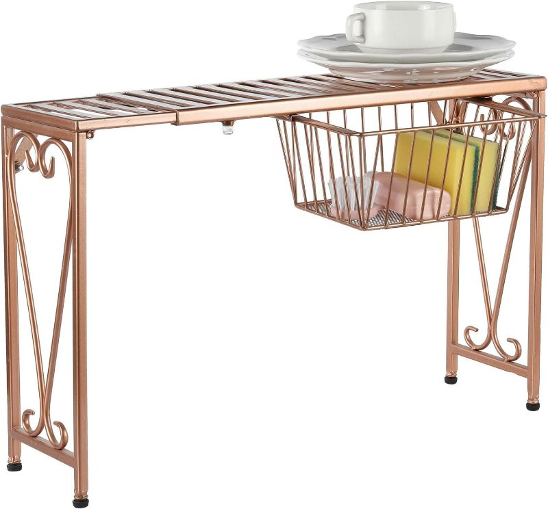 Photo 1 of MyGift Modern Copper Metal Expandable Over The Sink Kitchen Rack Organizer Storage Shelf with Pull-Out Drawer and Scrollwork Design