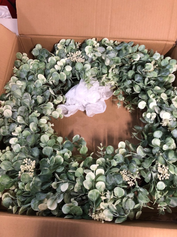 Photo 2 of 24 in. Artificial Eucalyptus Floral Spring Wreath