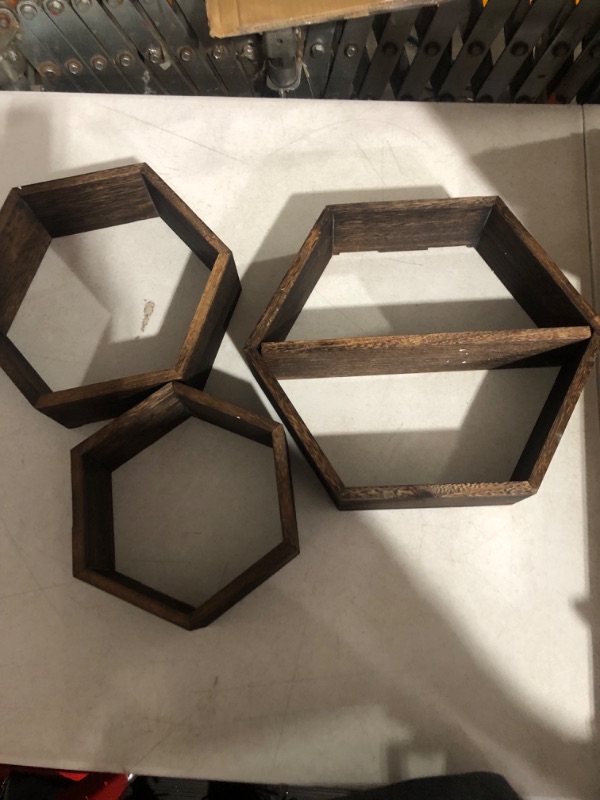 Photo 2 of ***READ NOTES*** Rustic Wall Mounted Hexagonal Floating Shelves – Set of 3 Honeycomb Shelves – Screws and Anchors Included - Farmhouse Decor – Honeycomb Wall Décor - Rustic Brown