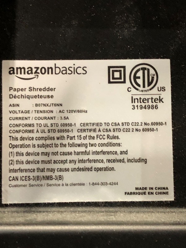 Photo 4 of PARTS ONLY***
Amazon Basics 150-Sheet Autofeed Micro-Cut Paper Shredder 150 Sheet Shredder