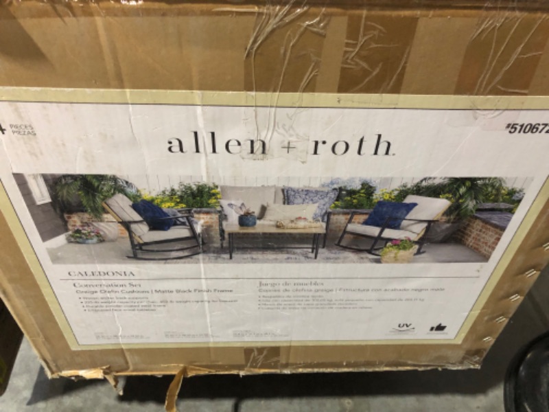 Photo 1 of allen + roth Caledonia 4-Piece Wicker Patio Conversation Set with Gray Cushions **MISSING HARDWARE AND INSTRUCTIONS** 