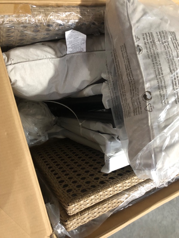 Photo 1 of allen + roth Caledonia 4-Piece Wicker Patio Conversation Set with Gray Cushions **MISSING HARDWARE AND INSTRUCTIONS** 