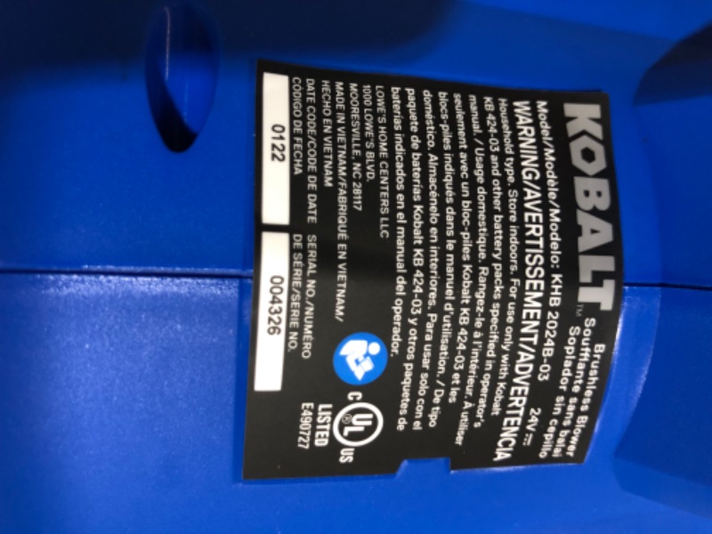 Photo 3 of ***UNTESTED - SEE NOTES***
Kobalt 24-Volt Max 120-MPH Brushless Handheld Cordless Electric Leaf Blower