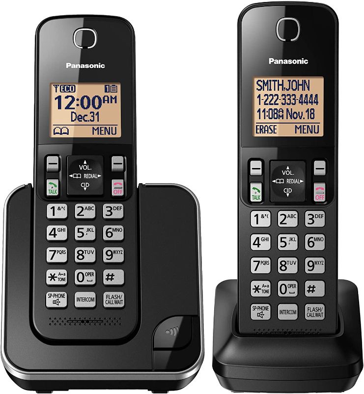 Photo 1 of Panasonic Expandable Cordless Phone System with Amber Backlit Display – 2 Handsets – KX-TGC352B (Black)