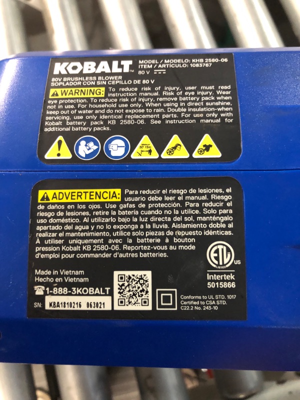 Photo 3 of **PARTS ONLY, NON-FUNCTIONAL** Kobalt 80-Volt Max Lithium Ion (Li-ion) 500-CFM 125-MPH Heavy-Duty Brushless Cordless Electric Leaf Blower  No Battery