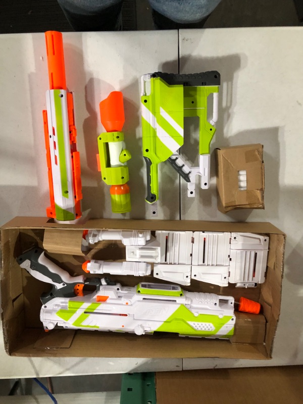 Photo 3 of -USED-Nerf Longstrike Nerf Modulus Toy Blaster with Barrel Extension Bipod Scopes 18 Modulus Elite Darts 3 Six-Dart Clips