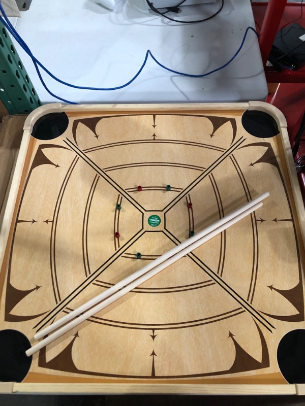 Photo 3 of -MISSING PIECES/USED-Carrom Board Game - Wooden Strike and Pocket Game Set with Group of Black and Beige Coins, 2 Red Queen Coins, Striker Coin, and Cue Sticks by Hey Play