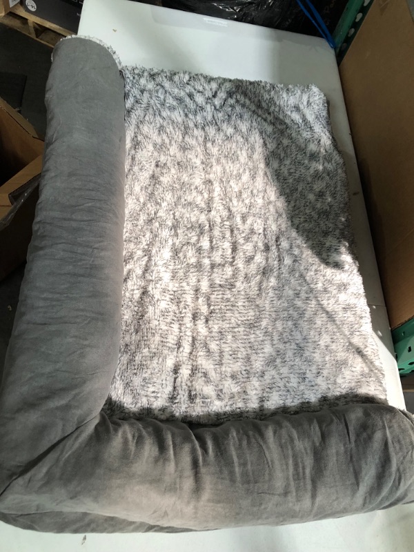 Photo 2 of -USED-Furhaven Orthopedic, Cooling Gel, Memory Foam, & More Orthopedic Foam Large L Chaise - Two-Tone Plush & Suede (Stone Gray)