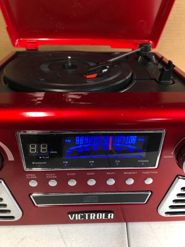 Photo 3 of Victrola 50's Retro Bluetooth Record Player & Multimedia Center with Built-in Speakers - 3-Speed Turntable, CD Player, AM/FM Radio | Vinyl to MP3 Recording | Wireless Music Streaming | Red Red Record Player