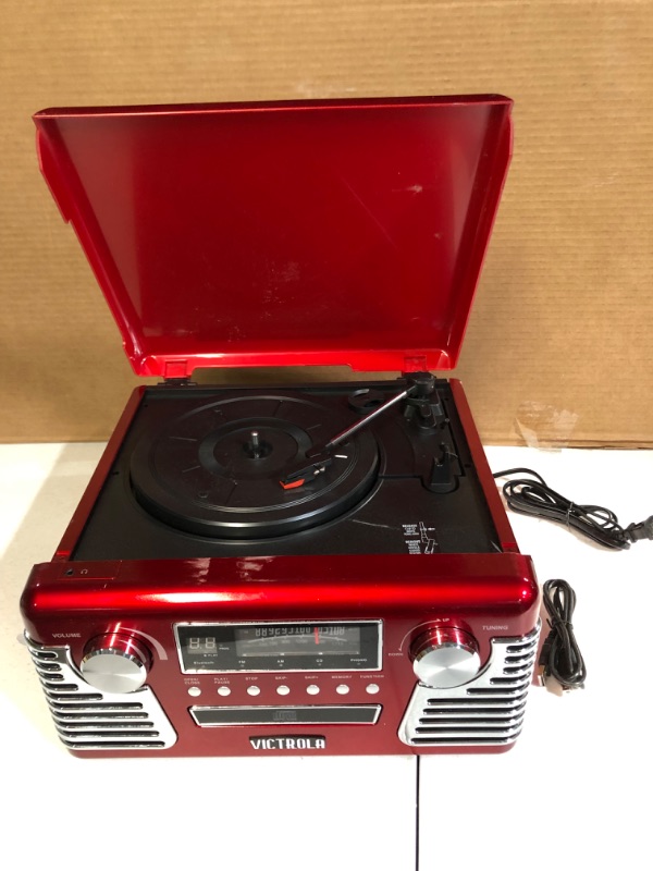 Photo 2 of Victrola 50's Retro Bluetooth Record Player & Multimedia Center with Built-in Speakers - 3-Speed Turntable, CD Player, AM/FM Radio | Vinyl to MP3 Recording | Wireless Music Streaming | Red Red Record Player