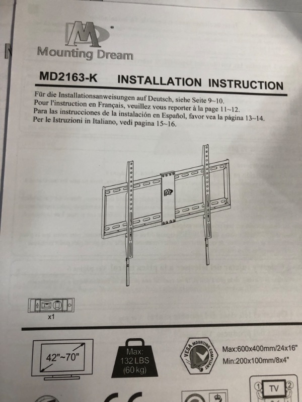 Photo 3 of Mounting Dream TV Mount Fixed for Most 42-70 Inch Flat Screen TVs, UL Listed TV Wall Mount Bracket up to VESA 600 x 400mm and 13